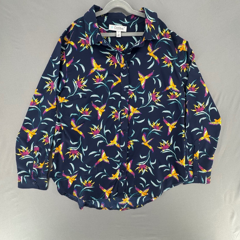 Coolibar Womens Navy Tropical Bird Floral UPF 50+ Button Down Shirt Large